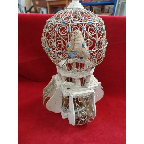 140 - A VINTAGE WOOD AND WIRE DECORATIVE BIRD CAGE WITH TWO BIRDS - 39CM