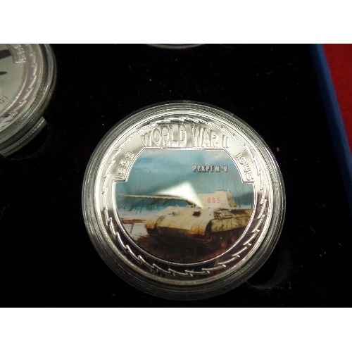 77L - WORLD WAR II COMMEMORATIVE COINS - SET OF 5 COLLECTABLE SILVER PLATED COINS - BOXED WITH CERTIFICATE... 