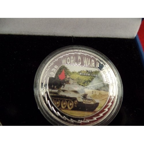 77L - WORLD WAR II COMMEMORATIVE COINS - SET OF 5 COLLECTABLE SILVER PLATED COINS - BOXED WITH CERTIFICATE... 