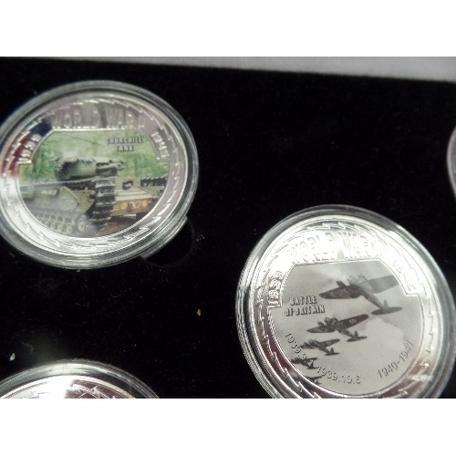 77L - WORLD WAR II COMMEMORATIVE COINS - SET OF 5 COLLECTABLE SILVER PLATED COINS - BOXED WITH CERTIFICATE... 