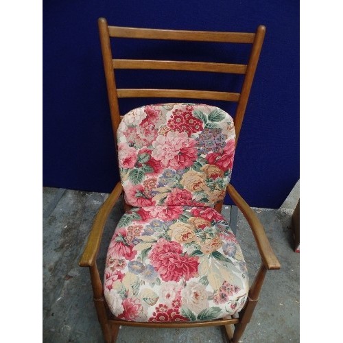 176 - A 20TH CENTURY LADDER BACK ROCKING CHAIR WITH UPHOLSTERED SEAT AND A LOOSE BACK CUSHION