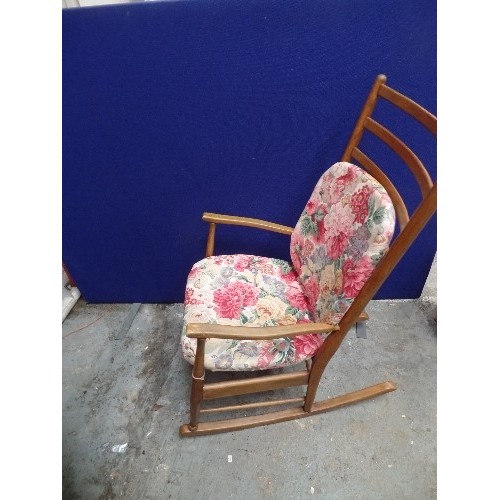 176 - A 20TH CENTURY LADDER BACK ROCKING CHAIR WITH UPHOLSTERED SEAT AND A LOOSE BACK CUSHION