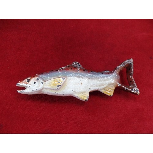 184A - A WADE WHITE HORSE WHISKY JUG, A WHITE HORSE (REPAIRED LEG) AND A METAL TROUT FISH BOTTLE OPENER