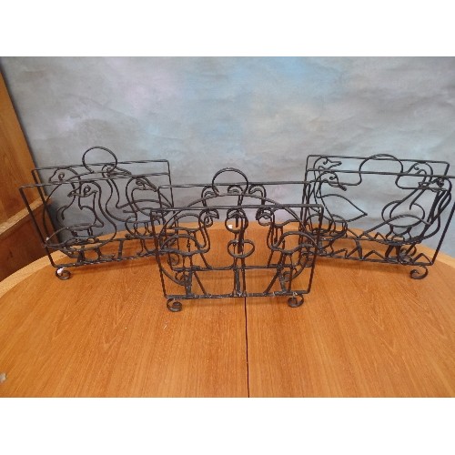 194 - THREE MID CENTURY WROUGHT IRON MAGAZINE RACKS - DUCKS, GEESE FLAMINGOS