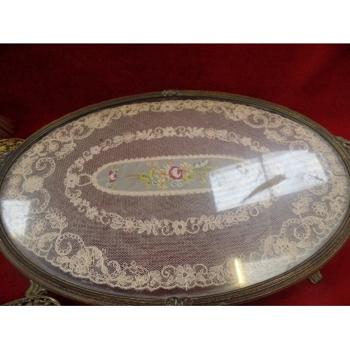 128A - A VINTAGE 1930'S DRESSING TABLE SET WITH PETIT POINT DECORATION INCLUDING TRAY, BRUSHES AND A MIRROR