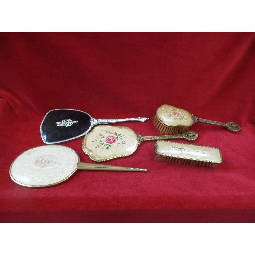 128B - VINTAGE DRESSING TABLE ITEMS INCLUDING BRUSHES AND MIRRORS WITH PETIT POINT NEEDLEWORK AND A HAND MI... 