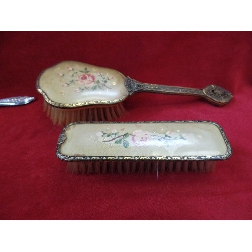 128B - VINTAGE DRESSING TABLE ITEMS INCLUDING BRUSHES AND MIRRORS WITH PETIT POINT NEEDLEWORK AND A HAND MI... 