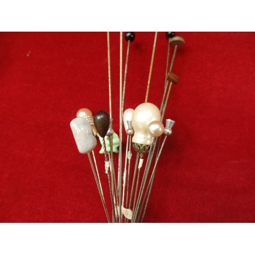 19A - HAT-PINS. VARIOUS SIZES, IN THE STYLES OF OPAL & BRASS, JET, PEARL, MURANO, NICKEL, SEMI-PRECIOUS ST... 