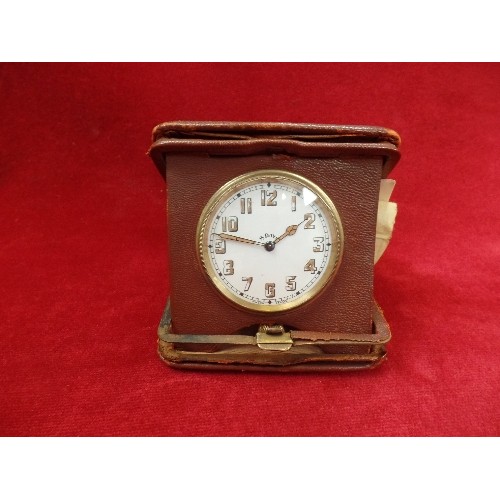 59A - 1920'S SWISS-MADE 8 DAY POCKET WATCH STYLE CLOCK SET IN LEATHER TRAVEL CASE [WHICH IS FRAGILE] FULLY... 