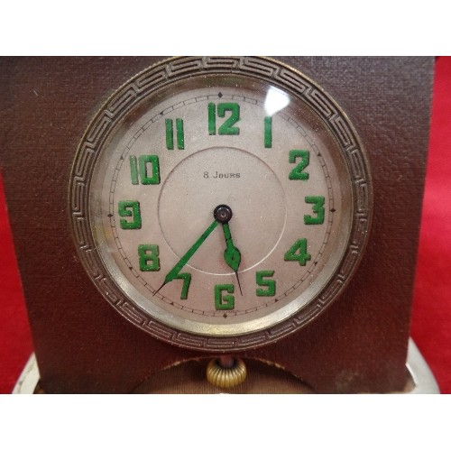 59B - SWISS-MADE '8 JOURS' TRAVEL CLOCK, GREEK KEY DETAIL AROUND FACE, GREEN NUMERALS. IN LINEN-LINED LEAT... 