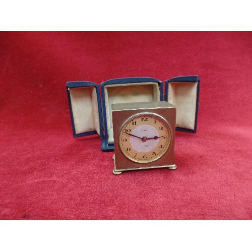 59D - MINIATURE BRASS SWISS-MADE 'ZENITH T&J PERRY, REGENTS STREET, LONDON'  TRAVEL ALARM CLOCK. IN PADDED... 