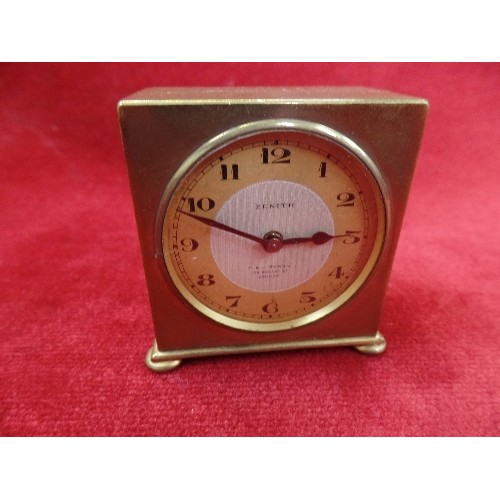 59D - MINIATURE BRASS SWISS-MADE 'ZENITH T&J PERRY, REGENTS STREET, LONDON'  TRAVEL ALARM CLOCK. IN PADDED... 