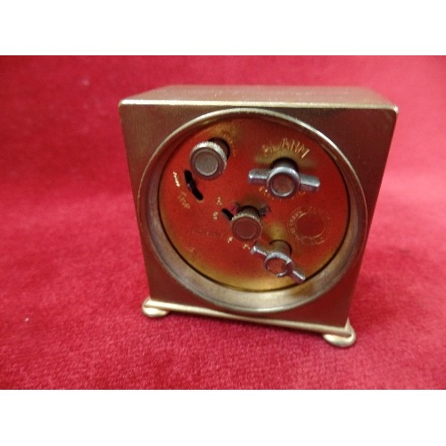 59D - MINIATURE BRASS SWISS-MADE 'ZENITH T&J PERRY, REGENTS STREET, LONDON'  TRAVEL ALARM CLOCK. IN PADDED... 