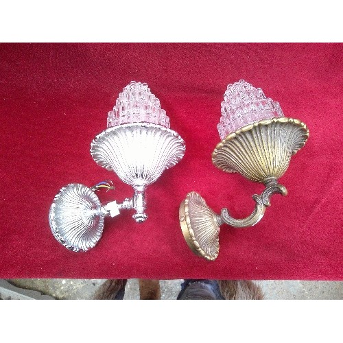 TWO HEAVY VINTAGE WALL LIGHTS, ONE IN PRESSED GLASS WITH BRASS METAL