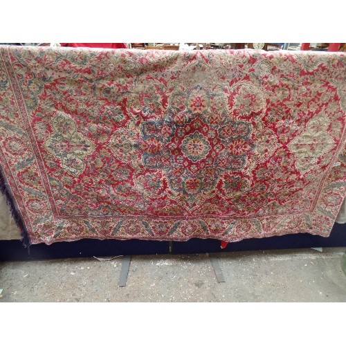 127A - A VINTAGE FINE WOOL CARPET IN PERSIAN PATTERN IN SHADES OF RED, BLUE AND CREAM - 1209CM X 185CM