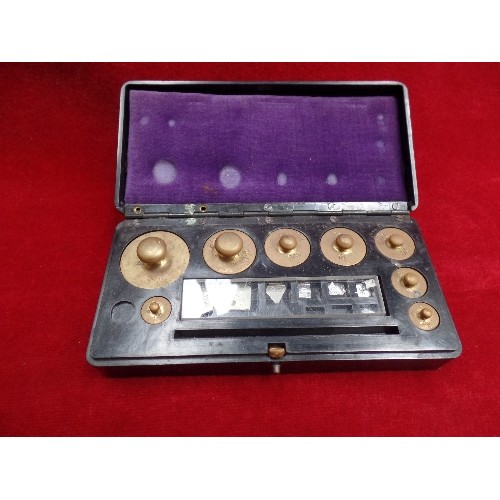 306C - 3 X SETS OF FRENCH BRASS APOTHECARY/JEWELLERS WEIGHTS. INCLUDES A SET CONTAINED IN WOODEN BOX BY F.E... 