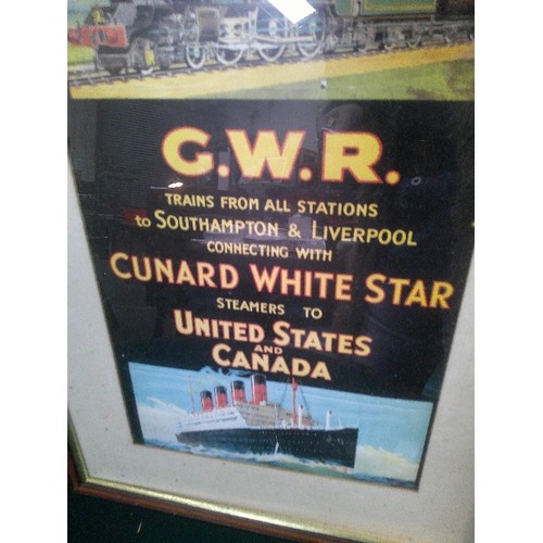 354 - REPRODUCTION RAILWAY & SHIPPING LINE POSTER - G.W.R & CUNARD WHITE STAR - FRAMED AND GLAZED - 43CM X... 