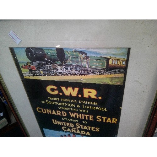 354 - REPRODUCTION RAILWAY & SHIPPING LINE POSTER - G.W.R & CUNARD WHITE STAR - FRAMED AND GLAZED - 43CM X... 