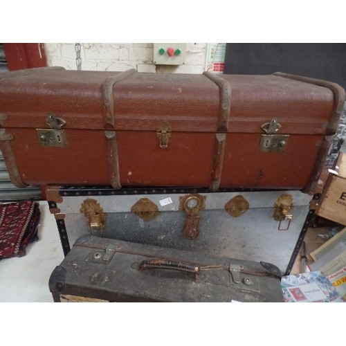 372 - VINTAGE WOODEN BOUND STEAMER TRUNK WITH LEATHER HANDLES