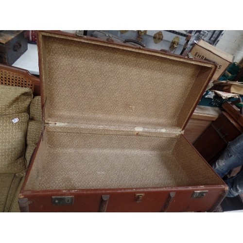 372 - VINTAGE WOODEN BOUND STEAMER TRUNK WITH LEATHER HANDLES