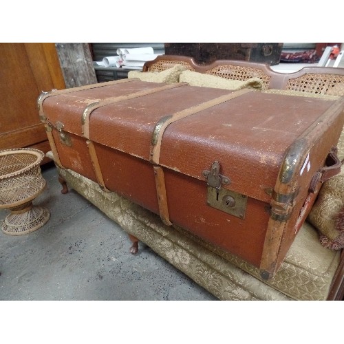 374 - WOODEN BOUND STEAMER TRUNK, THE INTERIOR LINED WITH STRIPED TICKING FABRIC  - WITH CUNARD WHITE STAR... 