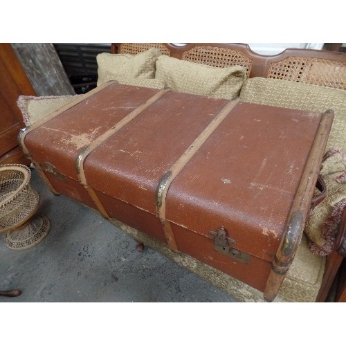 374 - WOODEN BOUND STEAMER TRUNK, THE INTERIOR LINED WITH STRIPED TICKING FABRIC  - WITH CUNARD WHITE STAR... 