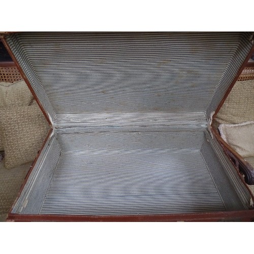 374 - WOODEN BOUND STEAMER TRUNK, THE INTERIOR LINED WITH STRIPED TICKING FABRIC  - WITH CUNARD WHITE STAR... 