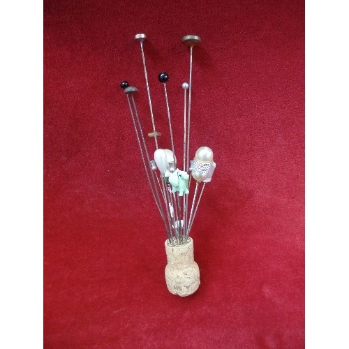 19A - HAT-PINS. VARIOUS SIZES, IN THE STYLES OF OPAL & BRASS, JET, PEARL, MURANO, NICKEL, SEMI-PRECIOUS ST... 