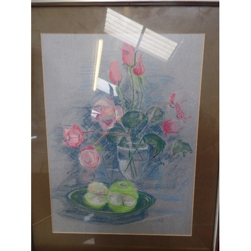 154 - THREE LATE 20TH CENTURY ORIGINAL PASTEL DRAWINGS - STILL LIVES BY S.N.A. WELLS, BRENTWOOD - ONE DATE... 