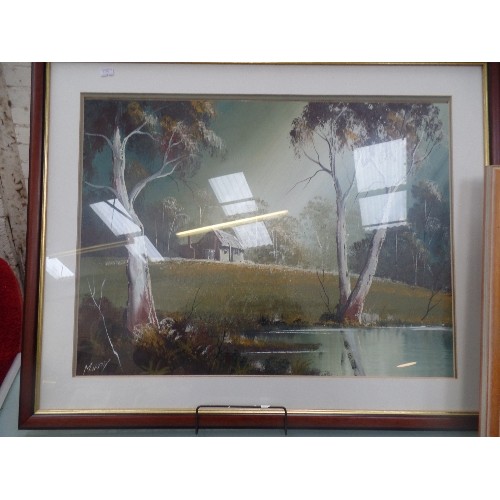 158 - AUSTRALIAN ART. A LARGE LATE 20TH CENTURY OIL PAINTING ON BOARD OF A HOMESTEAD WITH TREES SIGNED 