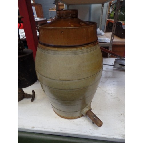 414A - VINTAGE SALTGLAZE  STONEWARE WHISKY / SPIRIT BARREL WITH WOODEN TAP - FEW CHIPS AROUND TOP - 50CM H