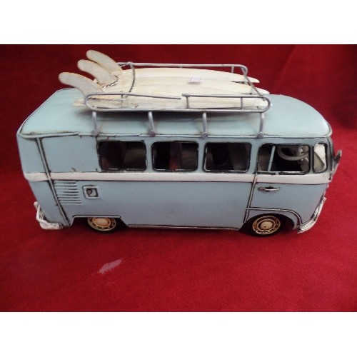 68 - LARGE TIN VW CAMPER VAN. WITH SURF-BOARDS ON ROOF RACK.