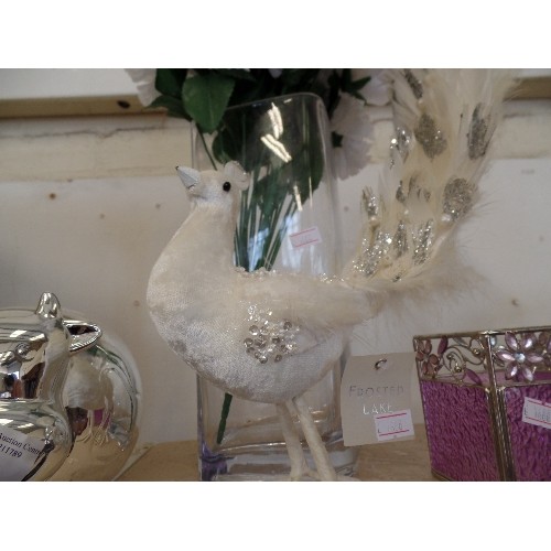 69 - LOT INCLUDES LOVELY FROSTED PEACOCK, CERAMIC COW MONEY-BOX, TEA-LIGHT HOLDERS, FAUX FLOWERS IN A TAL... 