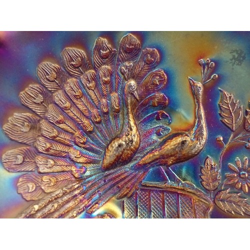 102 - CARNIVAL GLASS DISH, WITH PEACOCK DESIGN, IN UNUSUAL PURPLE COLOUR.