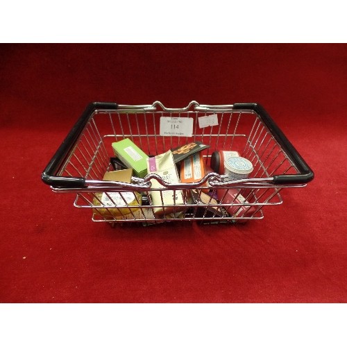 114 - TINY M&S SUPERMARKET BASKET WITH MINIATURE M&S CONTENTS. INC TRIPLE COOKED CHIPS, COLIN CATERPILLAR,... 