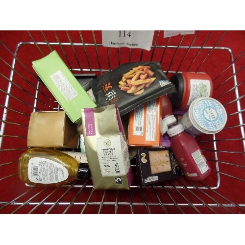 114 - TINY M&S SUPERMARKET BASKET WITH MINIATURE M&S CONTENTS. INC TRIPLE COOKED CHIPS, COLIN CATERPILLAR,... 