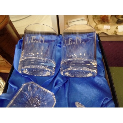 115 - HEAVY CUT-GLASS DECANTER AND TUMBLER SET. IN ORIGINAL BOX. HAS ETCHED STEAM ENGINE AND THE INITIALS ... 