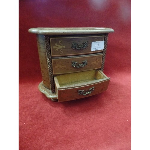 116 - MUSICAL JEWELLERY BOX IN THE STYLE OF MINIATURE 3 DRAWER INLAID CHEST. MUSICAL MECHANISM NEEDS ATTEN... 