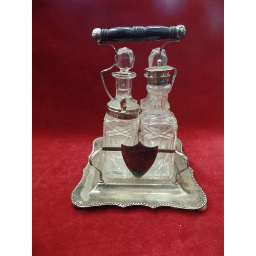 123 - EDWARDIAN SILVER-PLATED AND CUT-GLASS CONDIMENT/CRUET SET. OIL & VINEGAR JARS COMPLETE WITH STOPPERS... 