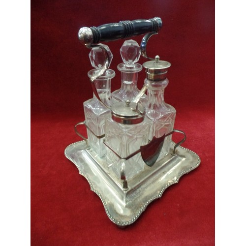 123 - EDWARDIAN SILVER-PLATED AND CUT-GLASS CONDIMENT/CRUET SET. OIL & VINEGAR JARS COMPLETE WITH STOPPERS... 