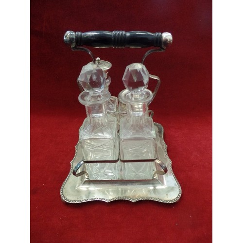 123 - EDWARDIAN SILVER-PLATED AND CUT-GLASS CONDIMENT/CRUET SET. OIL & VINEGAR JARS COMPLETE WITH STOPPERS... 