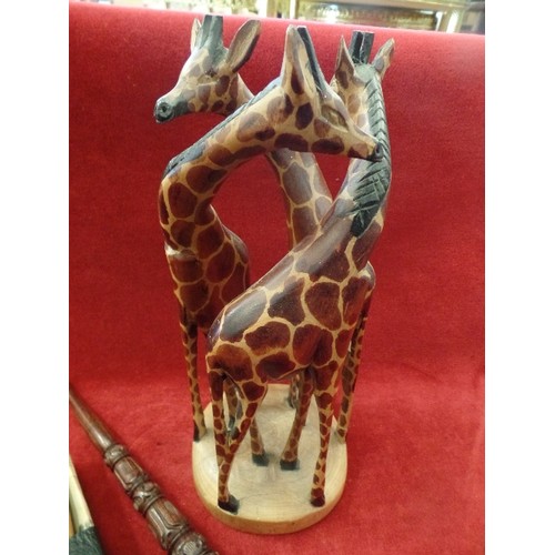 145 - AFRICAN WOODEN ITEMS, INC LOVELY CARVED GIRAFFE, A POUCH CONTAINING WITCHDOCTORS FORTUNE-TELLING BON... 