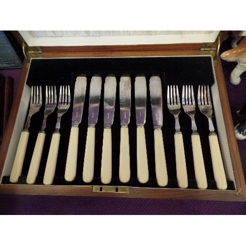 151 - VINTAGE FISH CUTLERY SET IN DECO-STYLE WOODEN CANTEEN. EPNS BLADES.