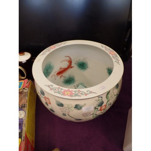 173 - LARGE CHINESE PORCELAIN FISH/CARP BOWL, FAMILLE-ROSE. VERY PRETTY INSIDE AND OUT.