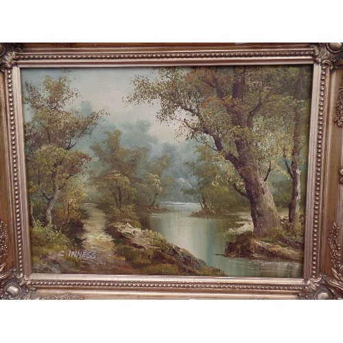 179 - FRAMED OIL ON CANVAS. SIGNED 'C.INNESS' LAKE & TREES. GILT FRAME.