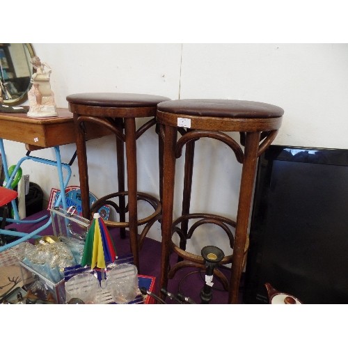 180 - PAIR OF VINTAGE BENTWOOD BAR STOOLS WITH LEATHERETTE SEATS.