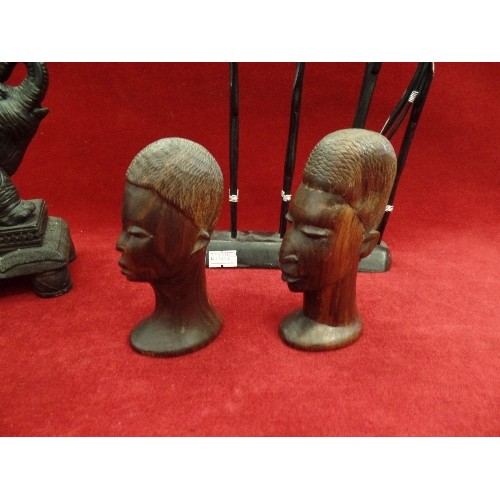 181 - AFRICAN CARVED WOOD. PAIR OF WOODEN HEADS, MASSAI FIGURES[1 NEEDS RE-ATTACHING] AND A TALL ELEPHANT ... 