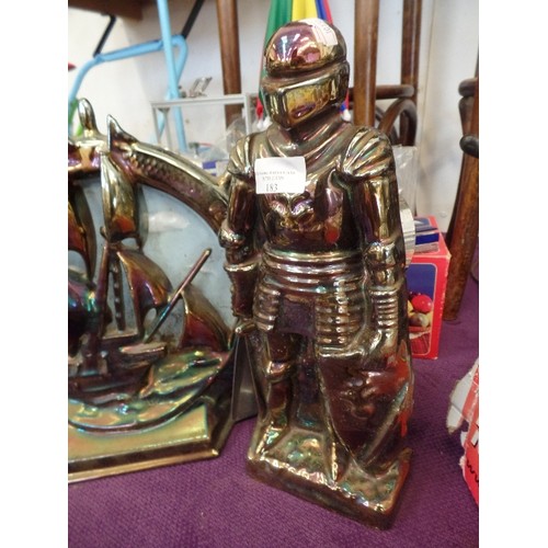 183 - RETRO- CAST COPPER LUSTRE 'KNIGHT IN ARMOUR' FIRESIDE COMPANION SET, TOGETHER WITH LUSTRE GALLEON AN... 