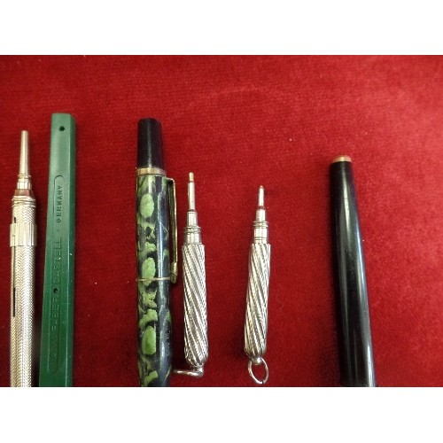 186 - VINTAGE FOUNTAIN PENS, PROPELLING PENCILS, AND A BRASS BULLET.