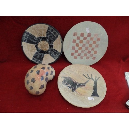 194 - AFRICAN SOAPSTONE COLLECTION. INCLUDES LIDDED DISH, 2 PLATES, AND A SOLITAIRE DISK.